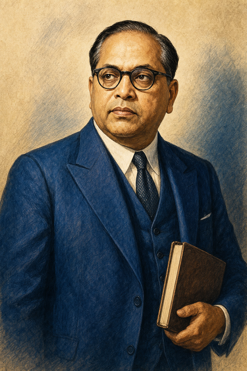 Illustrated portrait of Dr. B.R. Ambedkar in a blue three-piece suit, holding a book.